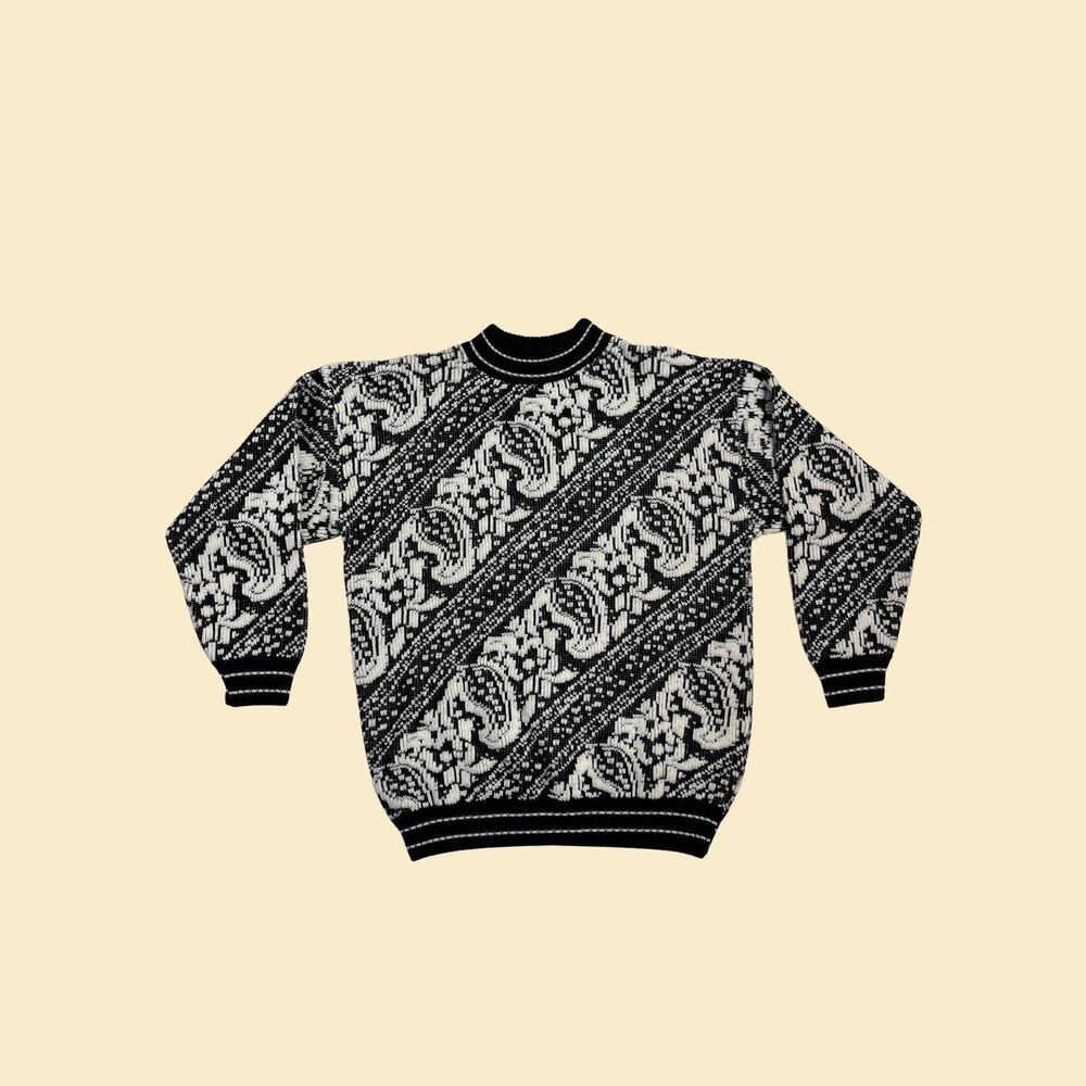 1980s abstract sweater by Kate Collins, 80s black & white psychedelic crewneck